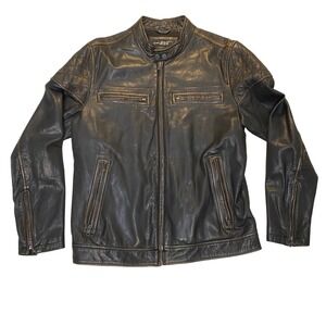 Black Rivet Cafe Racer Leather Jacket Men's L Black Moto Quilted Zip